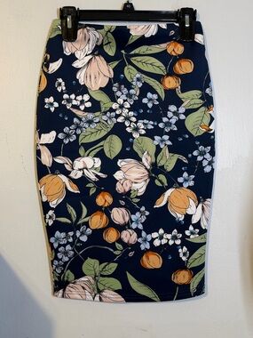Revamped Navy Floral Pencil Skirt with Orange & Cream Blooms